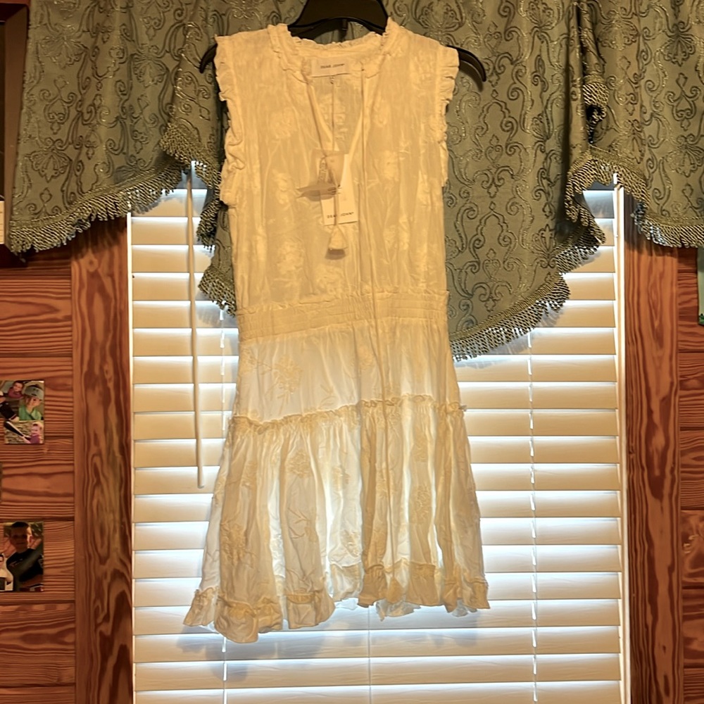 NWT dear John white embroidered dress, smocked shoulders, ruffle sleeves